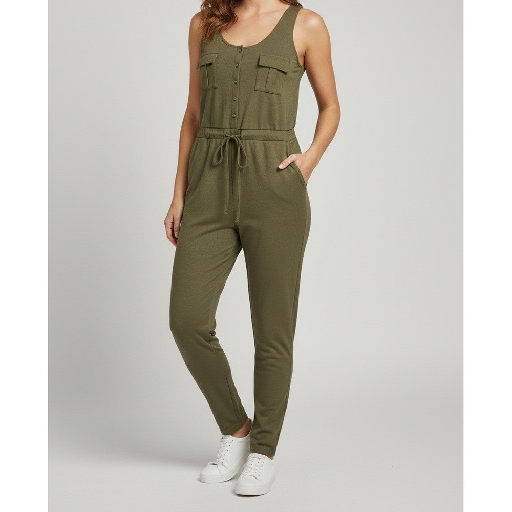 Venus Women Moss Green Utility Knit Sleeveless Jumpsuit Size M‎ Button Front